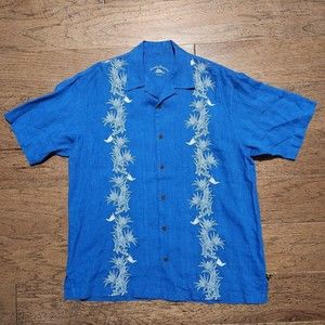 Tommy Bahama Linen Men's Large Blue Camp Shirt Embroidered Casual Golf Hawaii